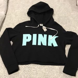 PINK Cropped hoodie.  Black with baby blue letters